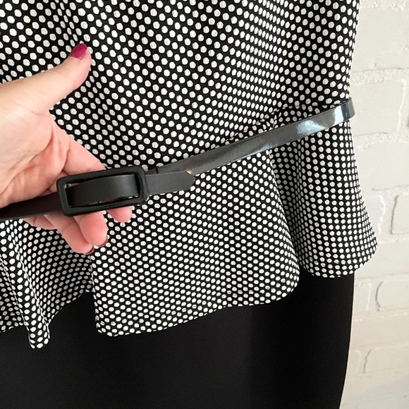 Vintage Laura Peplum dress Polka dot Belted Round neck Black White Pleated Sz 14 - Picture 4 of 11